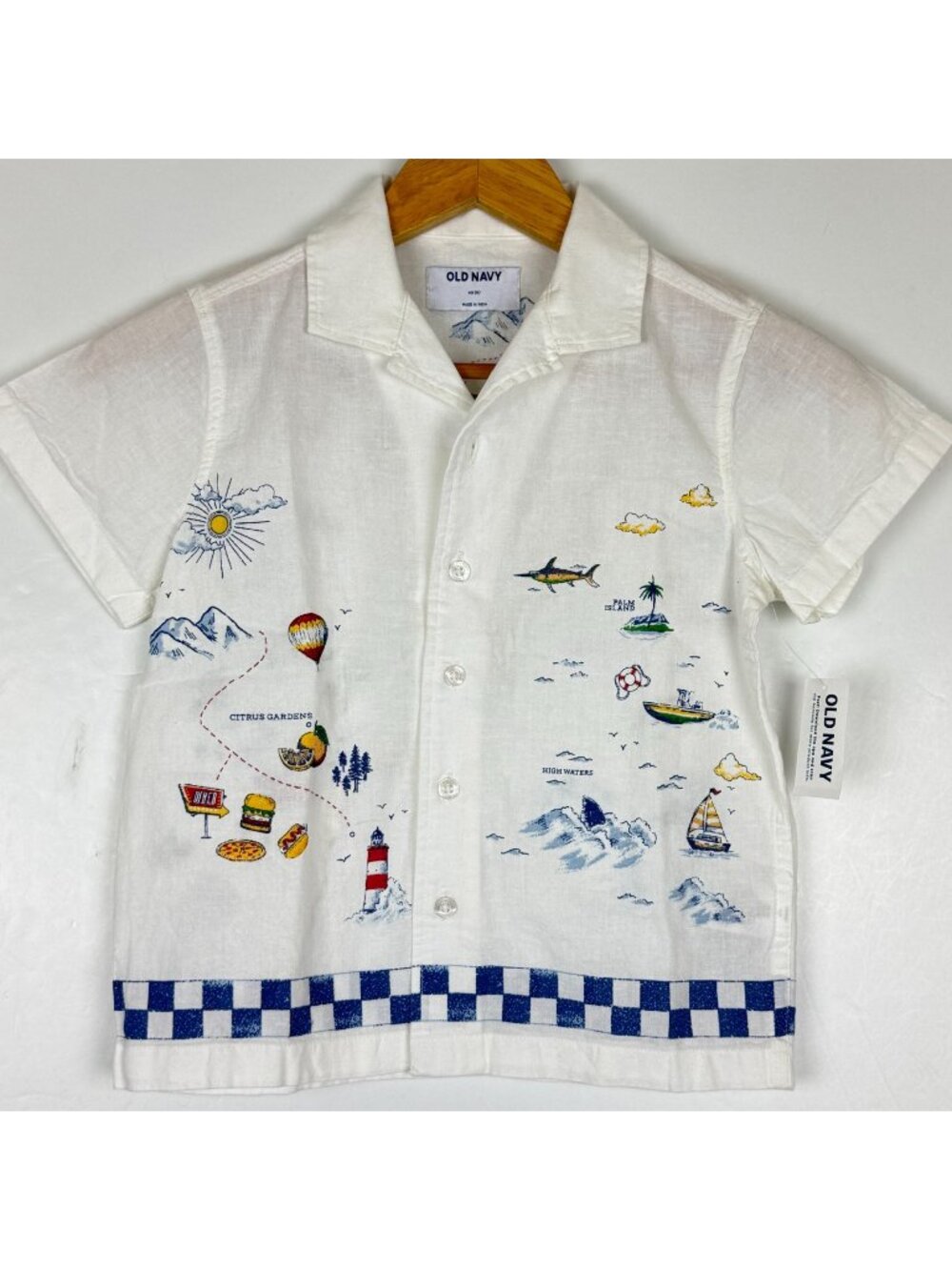 Old Navy Camp Shirt Boys XS 5 Linen Blend SS Adventure Map All Over Print NWT